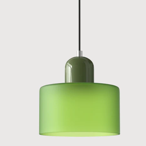 Lampe suspendue en verre avec design Bauhaus, lignes épurées, couleur beige, lumière chaleureuse pour élégance intemporelle.