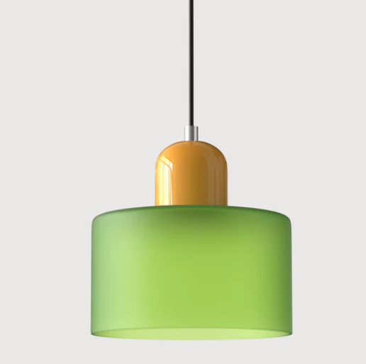 Lampe suspendue en verre avec design Bauhaus, lignes épurées, couleur beige, lumière chaleureuse pour élégance intemporelle.