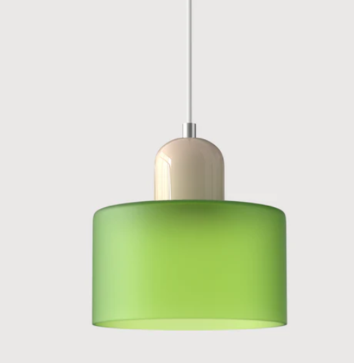 Lampe suspendue en verre avec design Bauhaus, lignes épurées, couleur beige, lumière chaleureuse pour élégance intemporelle.