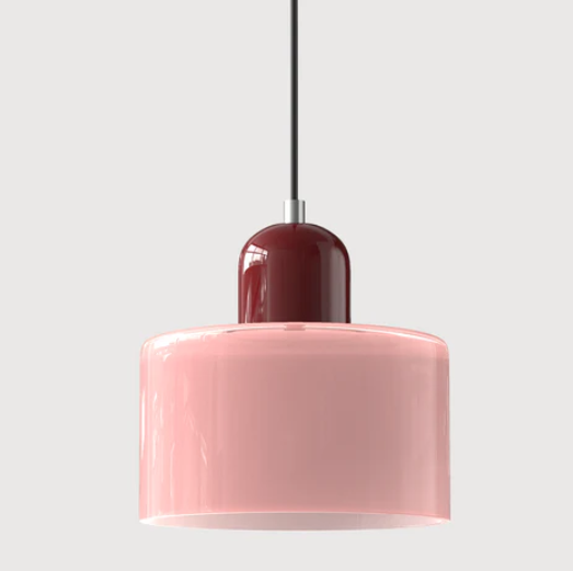 Lampe suspendue en verre avec design Bauhaus, lignes épurées, couleur beige, lumière chaleureuse pour élégance intemporelle.