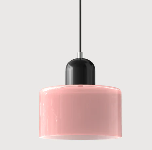Lampe suspendue en verre avec design Bauhaus, lignes épurées, couleur beige, lumière chaleureuse pour élégance intemporelle.
