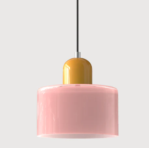 Lampe suspendue en verre avec design Bauhaus, lignes épurées, couleur beige, lumière chaleureuse pour élégance intemporelle.