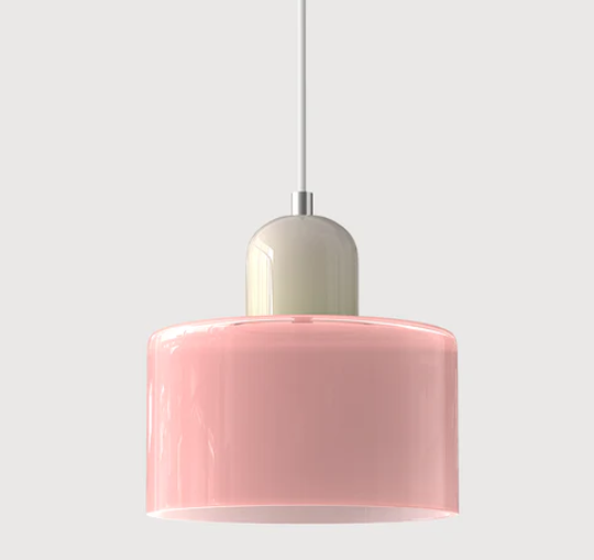 Lampe suspendue en verre avec design Bauhaus, lignes épurées, couleur beige, lumière chaleureuse pour élégance intemporelle.