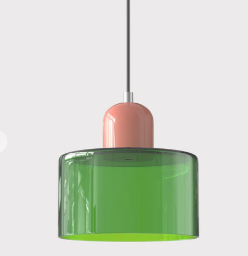 Lampe suspendue en verre avec design Bauhaus, lignes épurées, couleur beige, lumière chaleureuse pour élégance intemporelle.