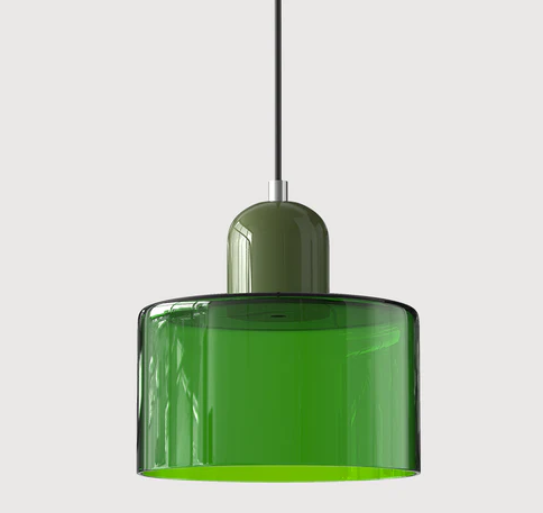 Lampe suspendue en verre avec design Bauhaus, lignes épurées, couleur beige, lumière chaleureuse pour élégance intemporelle.