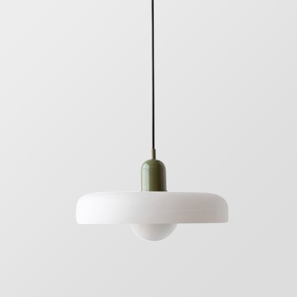 "Lampe suspendue moderne en verre, design Bauhaus, forme ronde élégante, lumière douce, idéale pour espace contemporain."