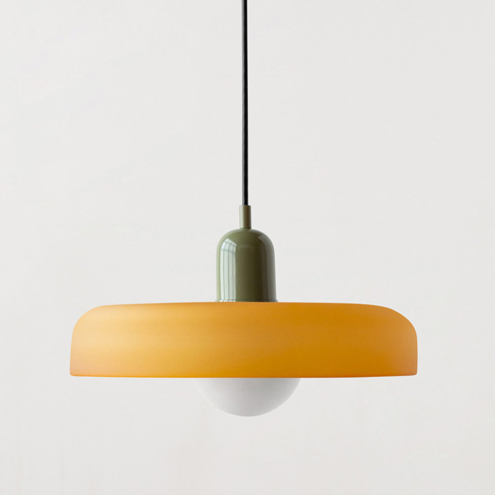 "Lampe suspendue moderne en verre, design Bauhaus, forme ronde élégante, lumière douce, idéale pour espace contemporain."