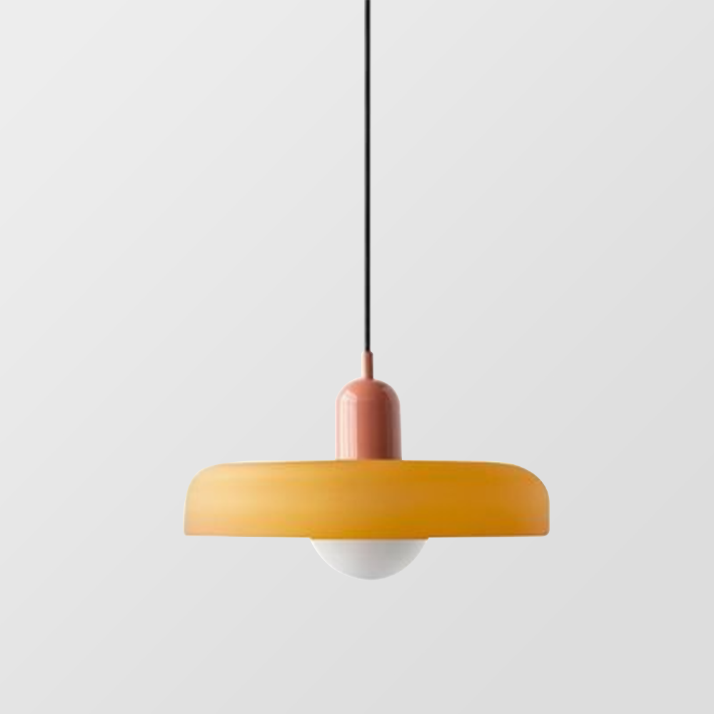 "Lampe suspendue moderne en verre, design Bauhaus, forme ronde élégante, lumière douce, idéale pour espace contemporain."