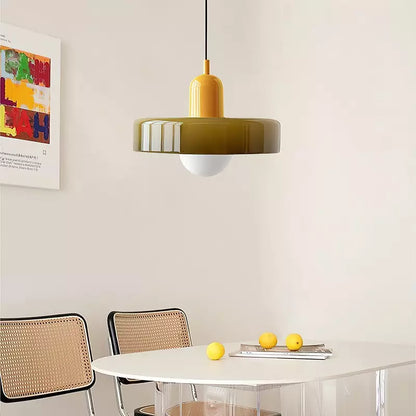 "Lampe suspendue moderne en verre, design Bauhaus, forme ronde élégante, lumière douce, idéale pour espace contemporain."