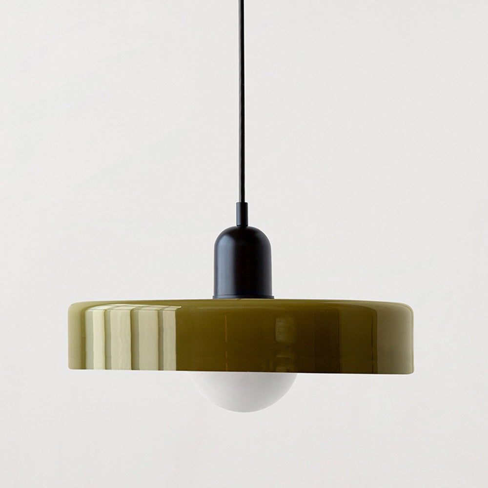 "Lampe suspendue moderne en verre, design Bauhaus, forme ronde élégante, lumière douce, idéale pour espace contemporain."