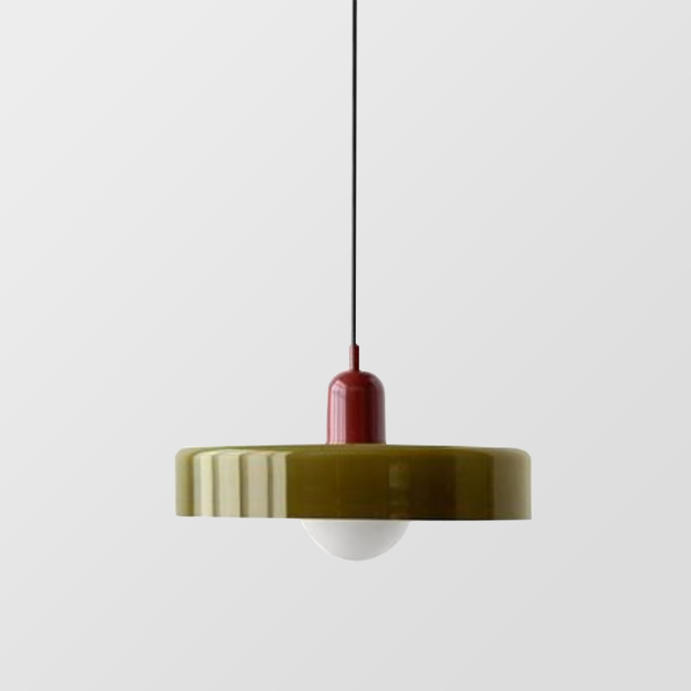 "Lampe suspendue moderne en verre, design Bauhaus, forme ronde élégante, lumière douce, idéale pour espace contemporain."