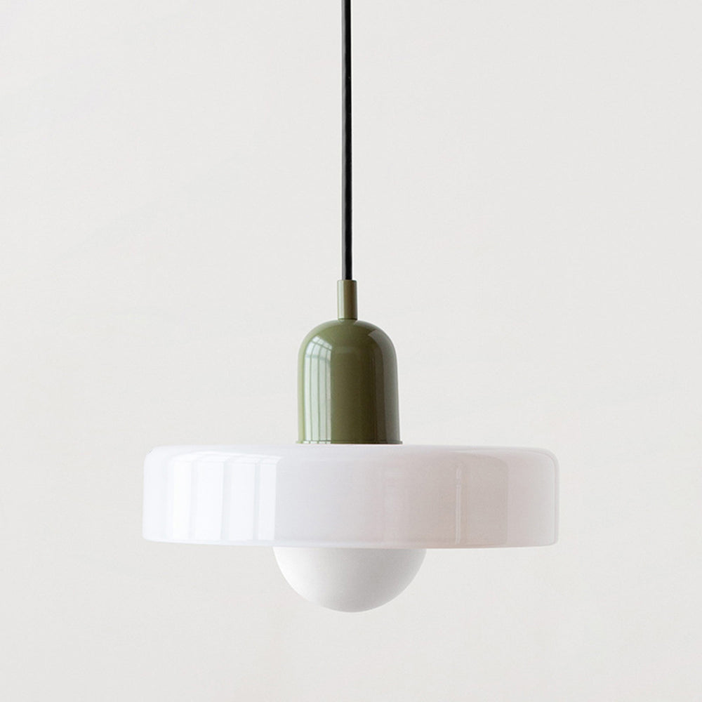 "Lampe suspendue moderne en verre, design Bauhaus, forme ronde élégante, lumière douce, idéale pour espace contemporain."