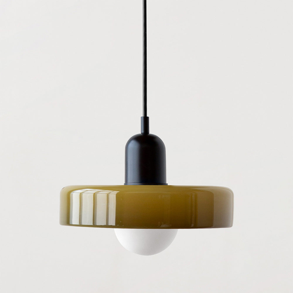 "Lampe suspendue moderne en verre, design Bauhaus, forme ronde élégante, lumière douce, idéale pour espace contemporain."