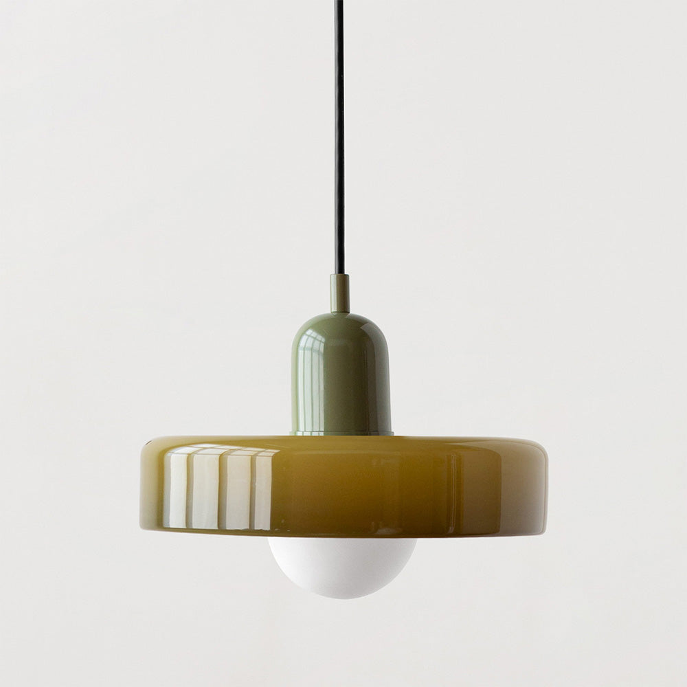 "Lampe suspendue moderne en verre, design Bauhaus, forme ronde élégante, lumière douce, idéale pour espace contemporain."