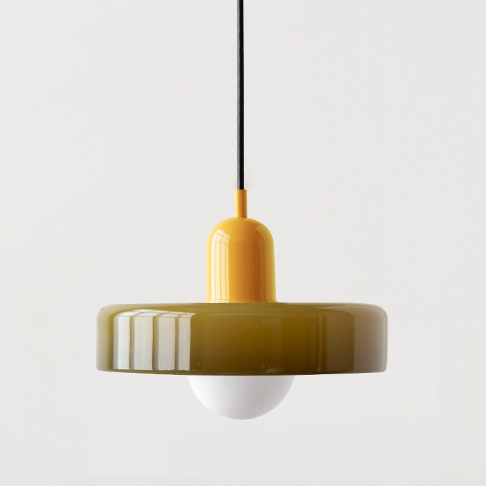 "Lampe suspendue moderne en verre, design Bauhaus, forme ronde élégante, lumière douce, idéale pour espace contemporain."