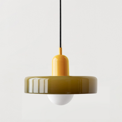 "Lampe suspendue moderne en verre, design Bauhaus, forme ronde élégante, lumière douce, idéale pour espace contemporain."
