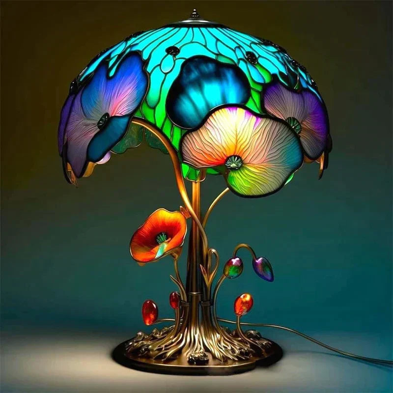 Lampe vitrail Art Déco multicolore sur pied, éclairage apaisant, design élégant pour intérieur, style classique unique.