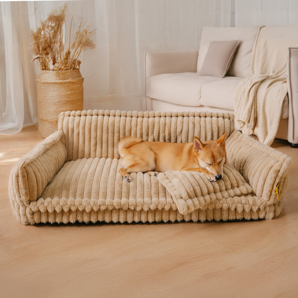 "Lit orthopédique pour chien ergonomique avec repose-tête, tissu imitation laine, soutien articulations, confort ultime."