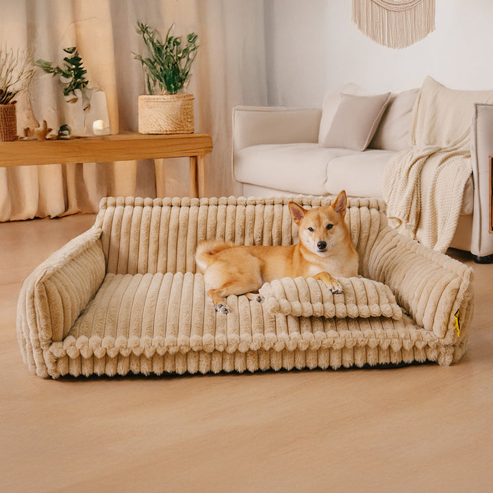 "Lit orthopédique pour chien ergonomique avec repose-tête, tissu imitation laine, soutien articulations, confort ultime."