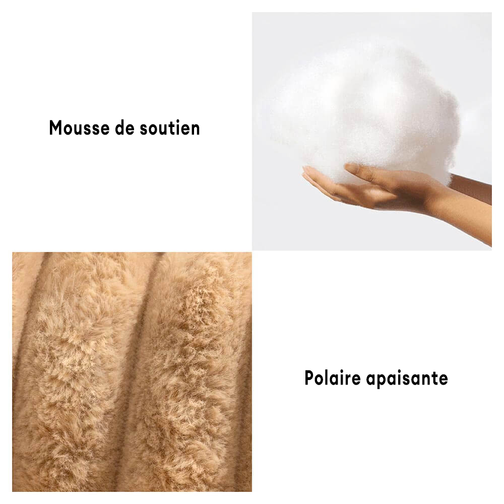 "Lit orthopédique pour chien ergonomique avec repose-tête, tissu imitation laine, soutien articulations, confort ultime."
