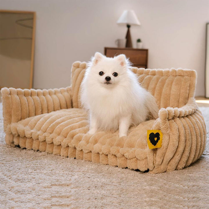 "Lit orthopédique pour chien ergonomique avec repose-tête, tissu imitation laine, soutien articulations, confort ultime."