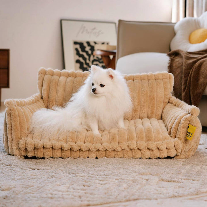 "Lit orthopédique pour chien ergonomique avec repose-tête, tissu imitation laine, soutien articulations, confort ultime."