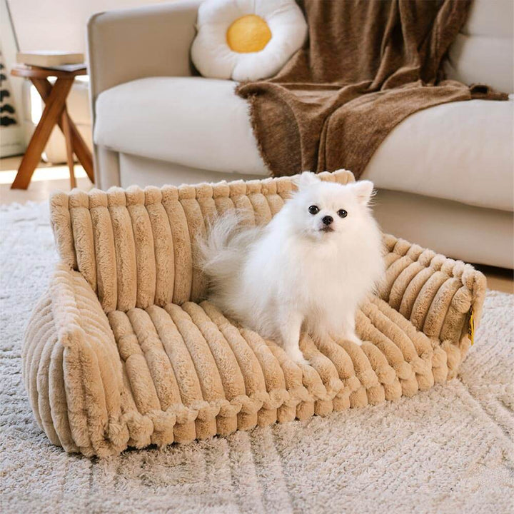 "Lit orthopédique pour chien ergonomique avec repose-tête, tissu imitation laine, soutien articulations, confort ultime."