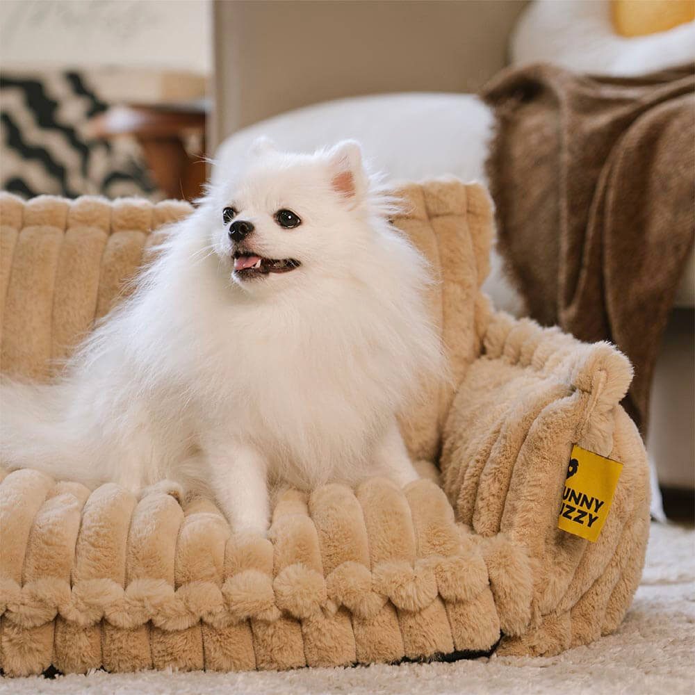 "Lit orthopédique pour chien ergonomique avec repose-tête, tissu imitation laine, soutien articulations, confort ultime."