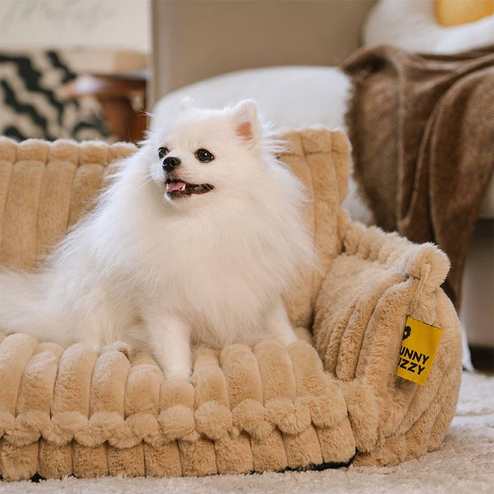"Lit orthopédique pour chien ergonomique avec repose-tête, tissu imitation laine, soutien articulations, confort ultime."