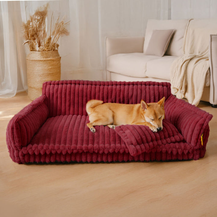 "Lit orthopédique pour chien ergonomique avec repose-tête, tissu imitation laine, soutien articulations, confort ultime."