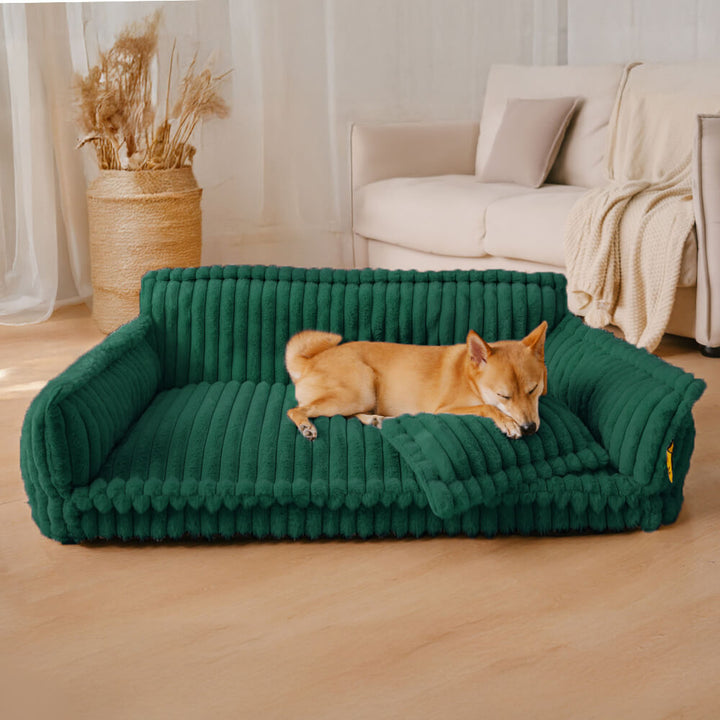 "Lit orthopédique pour chien ergonomique avec repose-tête, tissu imitation laine, soutien articulations, confort ultime."