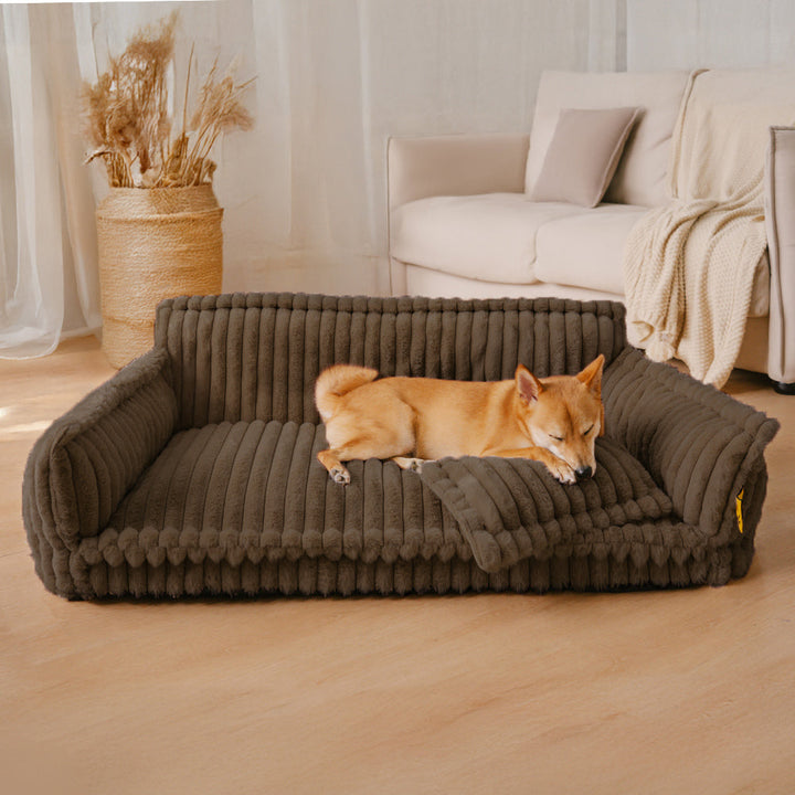 "Lit orthopédique pour chien ergonomique avec repose-tête, tissu imitation laine, soutien articulations, confort ultime."