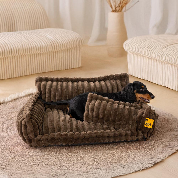 "Lit orthopédique pour chien ergonomique avec repose-tête, tissu imitation laine, soutien articulations, confort ultime."