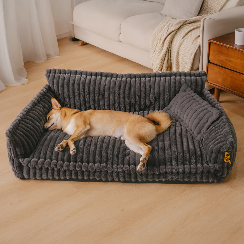 "Lit orthopédique pour chien ergonomique avec repose-tête, tissu imitation laine, soutien articulations, confort ultime."