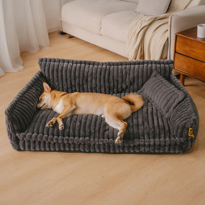 "Lit orthopédique pour chien ergonomique avec repose-tête, tissu imitation laine, soutien articulations, confort ultime."