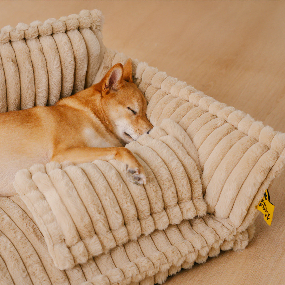 "Lit orthopédique pour chien ergonomique avec repose-tête, tissu imitation laine, soutien articulations, confort ultime."