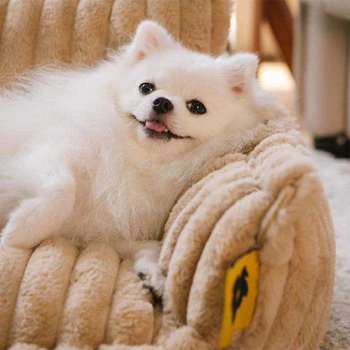 "Lit orthopédique pour chien ergonomique avec repose-tête, tissu imitation laine, soutien articulations, confort ultime."