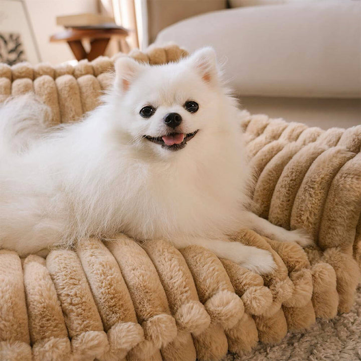 "Lit orthopédique pour chien ergonomique avec repose-tête, tissu imitation laine, soutien articulations, confort ultime."