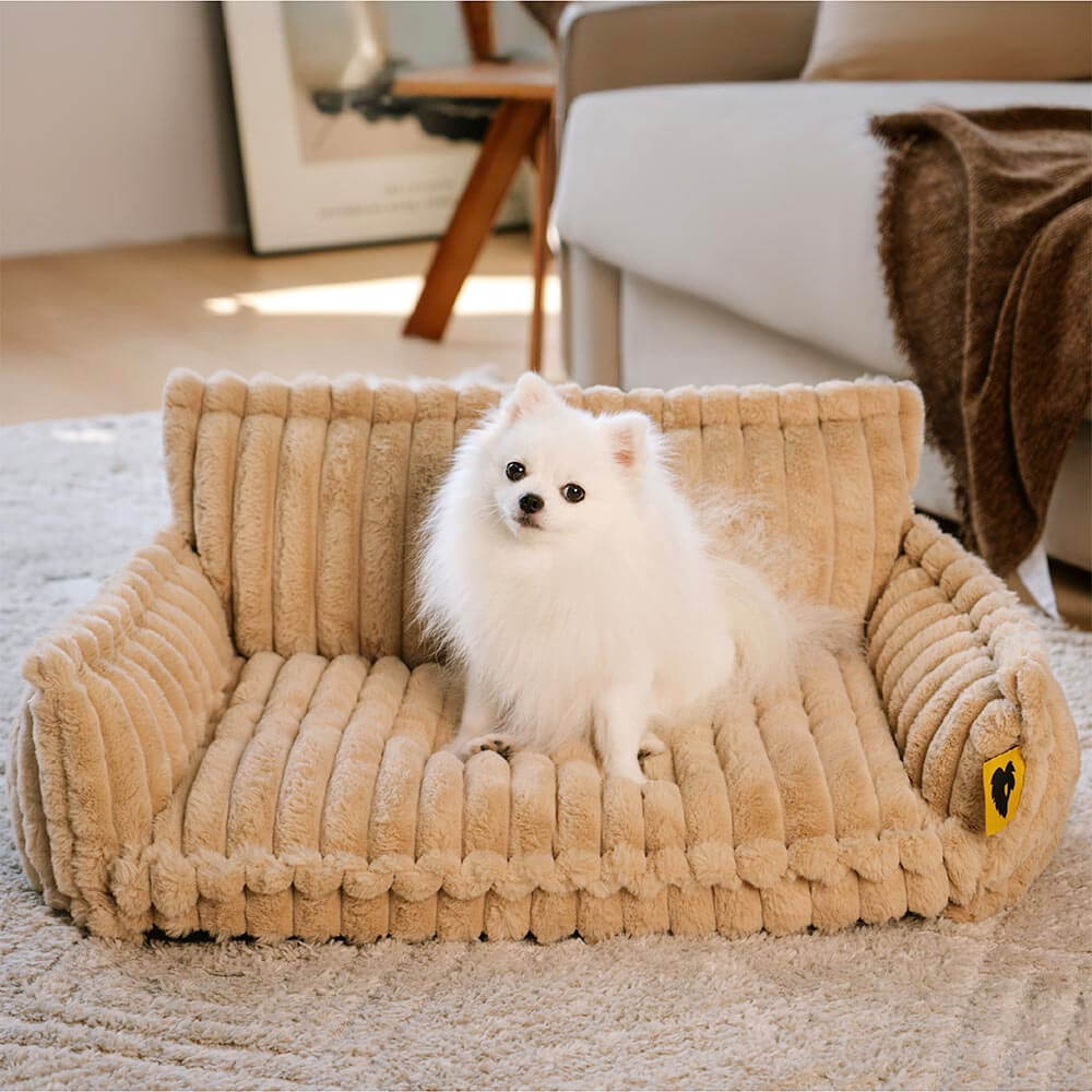 "Lit orthopédique pour chien ergonomique avec repose-tête, tissu imitation laine, soutien articulations, confort ultime."