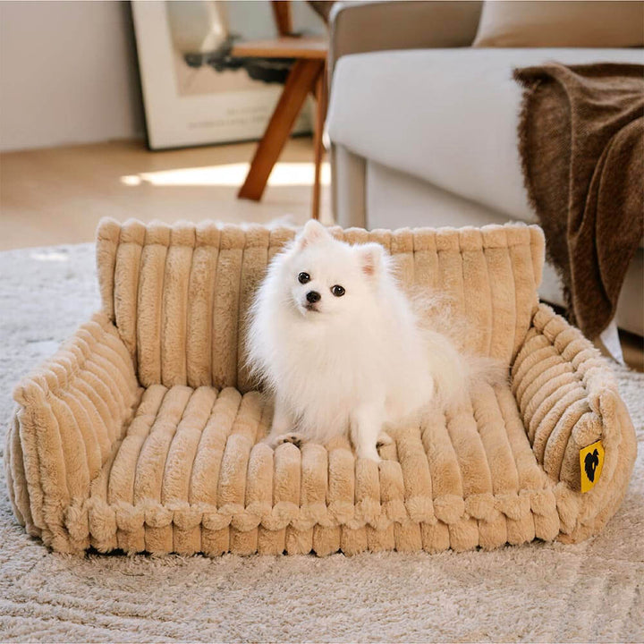 "Lit orthopédique pour chien ergonomique avec repose-tête, tissu imitation laine, soutien articulations, confort ultime."