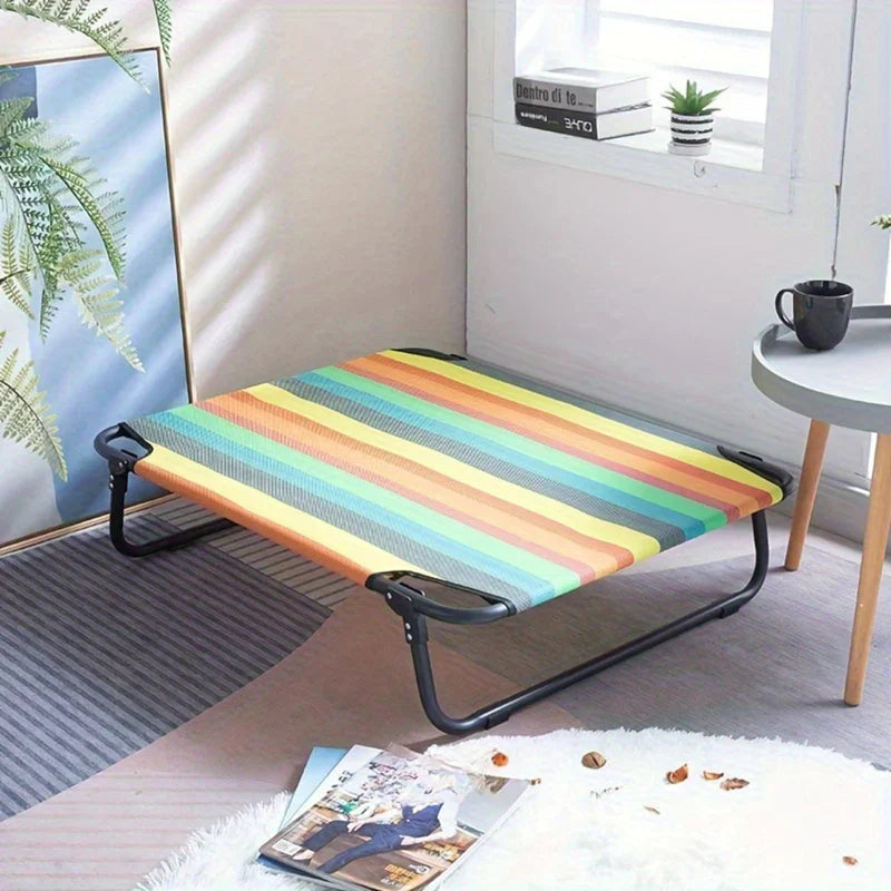 "Lit pliable pour chien en nylon respirant, couleur arc-en-ciel, robuste et confortable, idéal intérieur/extérieur."