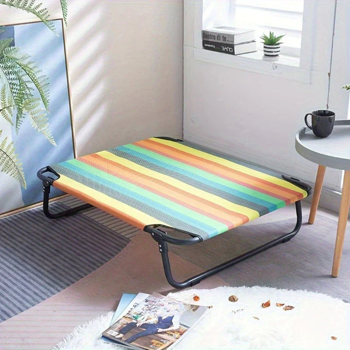 "Lit pliable pour chien en nylon respirant, couleur arc-en-ciel, robuste et confortable, idéal intérieur/extérieur."
