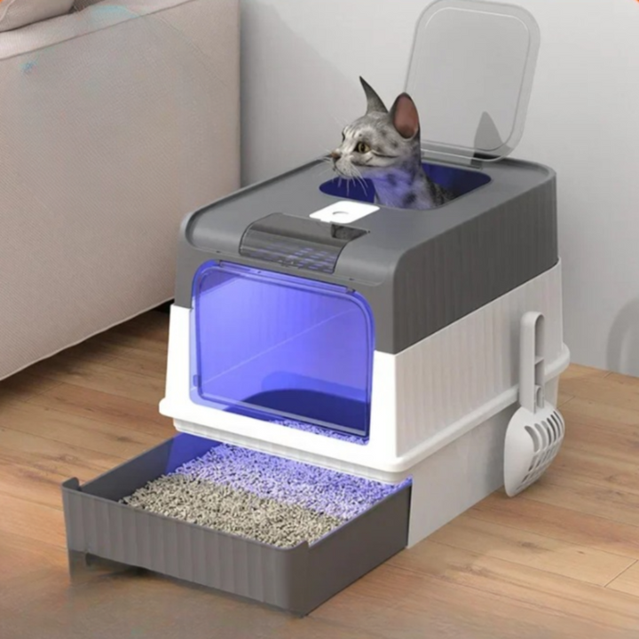 Litière auto-nettoyante stérile pour chats, design moderne, bac spacieux avec capteurs intelligents pour un intérieur hygiéni