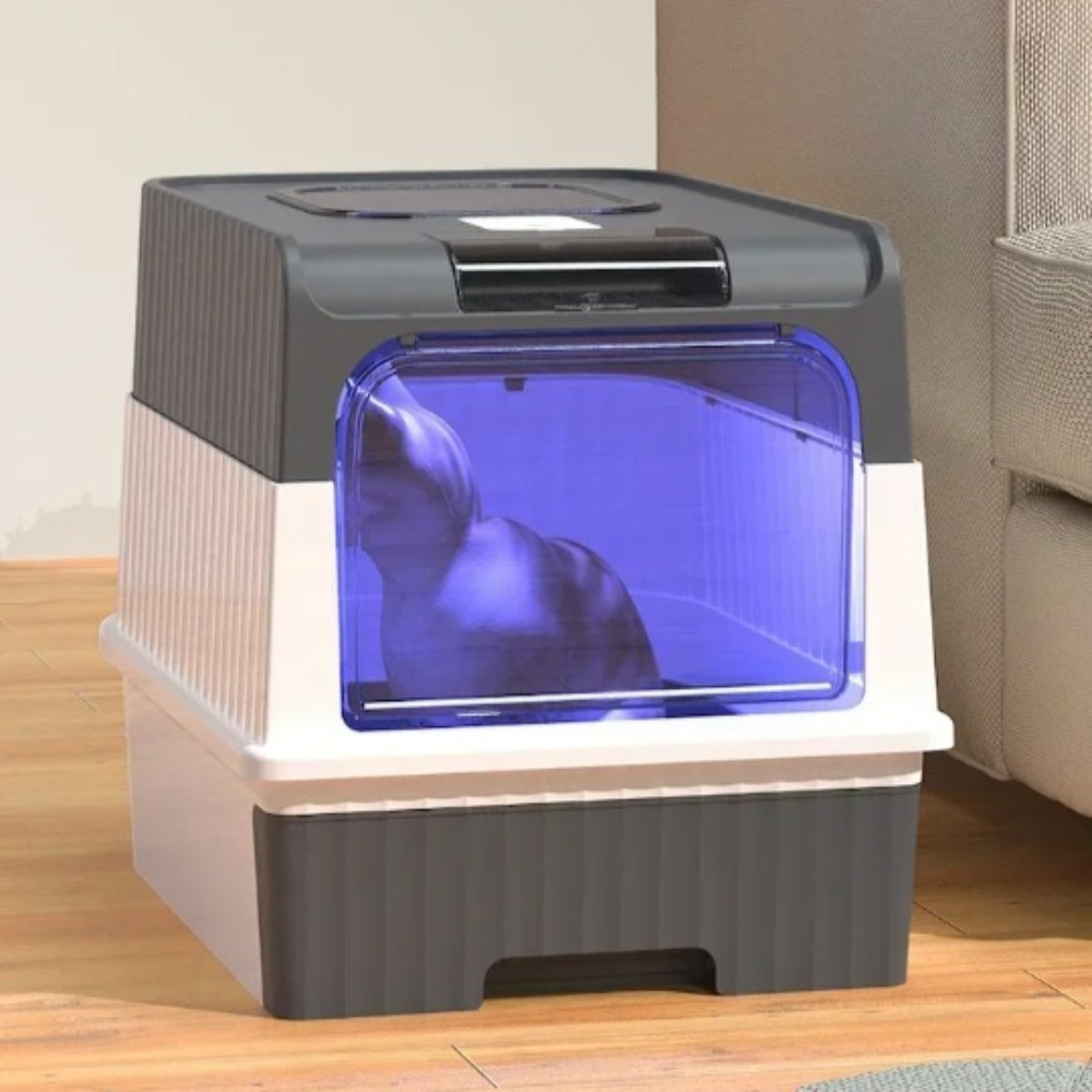 Litière auto-nettoyante stérile pour chats, design moderne, bac spacieux avec capteurs intelligents pour un intérieur hygiéni