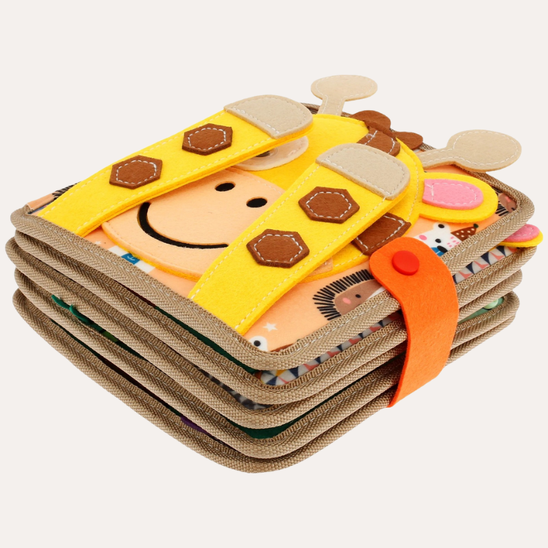 "Livre sensoriel pour enfants, 12 pages colorées et tactiles, stimulateur de motricité et imagination, format portable."