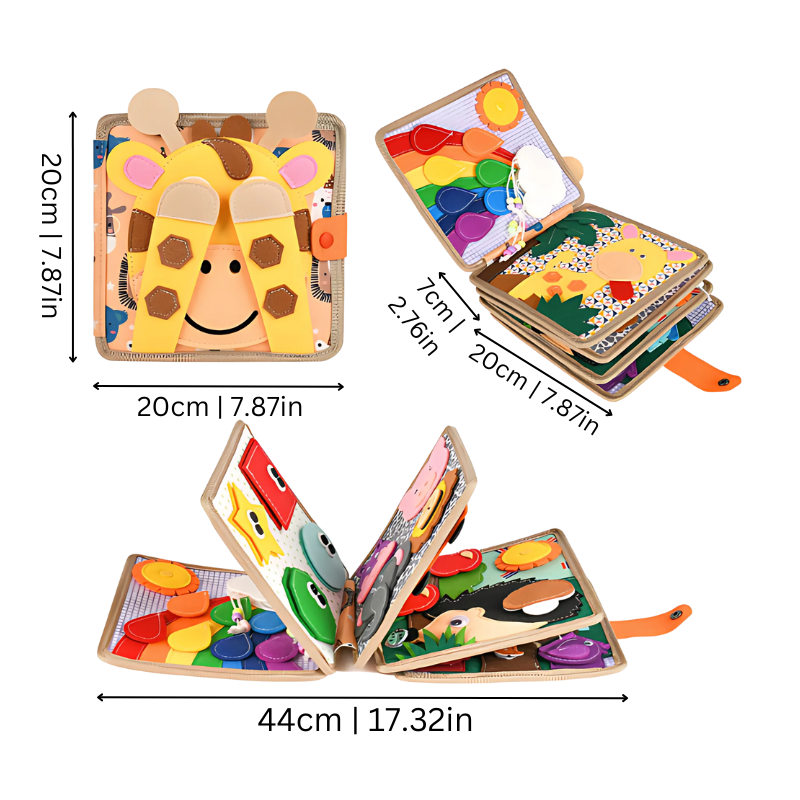 "Livre sensoriel pour enfants, 12 pages colorées et tactiles, stimulateur de motricité et imagination, format portable."