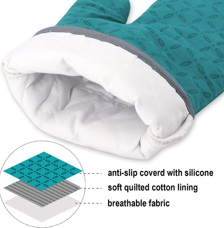 "Lot de 6 gants de four et maniques, protection chaleur 250°C, design ergonomique couleur moderne, cuisine sécurisée."