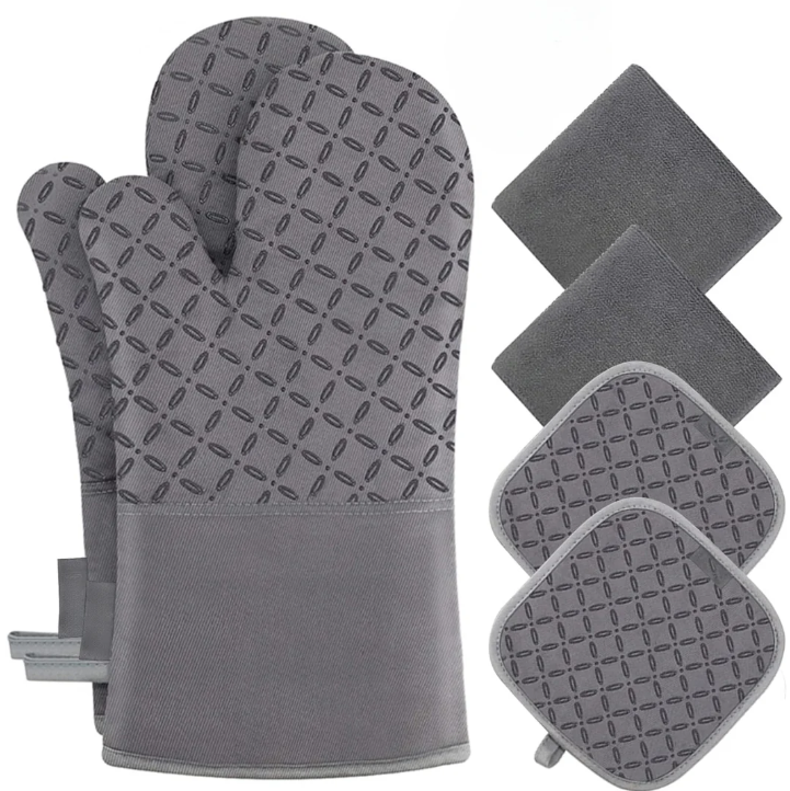 "Lot de 6 gants de four et maniques, protection chaleur 250°C, design ergonomique couleur moderne, cuisine sécurisée."
