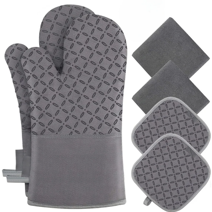 "Lot de 6 gants de four et maniques, protection chaleur 250°C, design ergonomique couleur moderne, cuisine sécurisée."