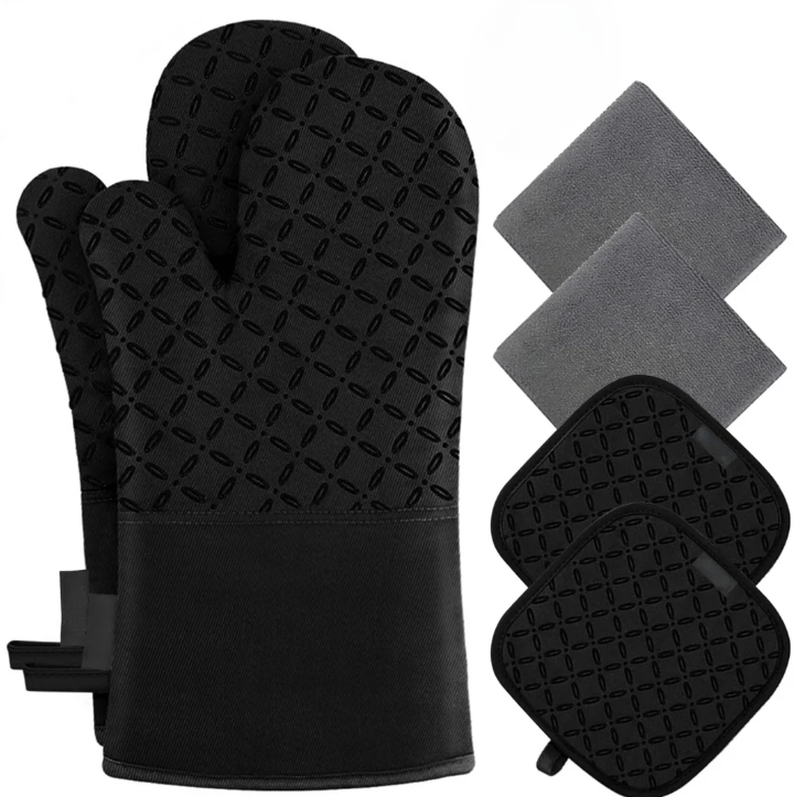 "Lot de 6 gants de four et maniques, protection chaleur 250°C, design ergonomique couleur moderne, cuisine sécurisée."